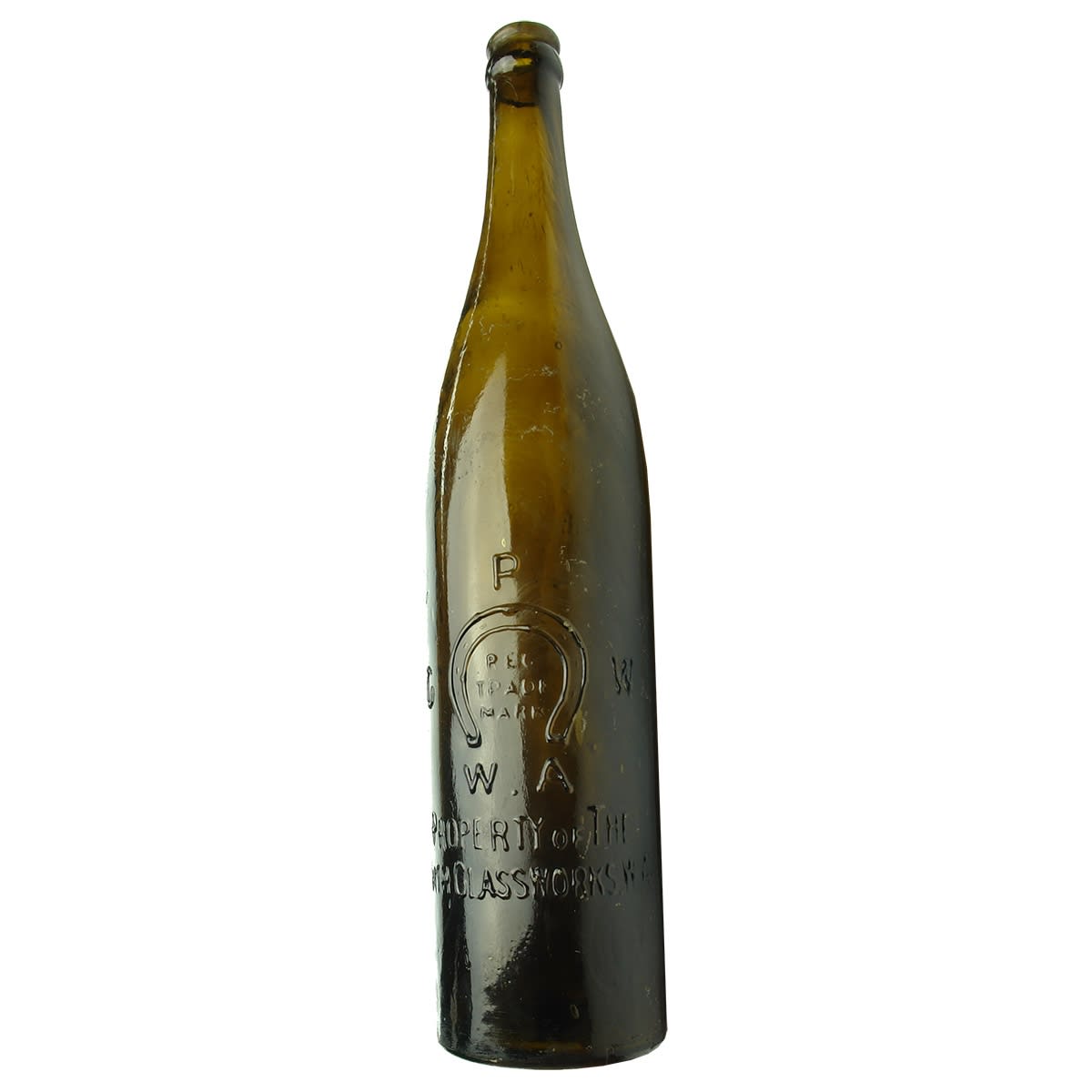 Beer. Perth Glassworks in Open Badge with W. A below Horseshoe. No base mark. Tall Pilsener Shape. Crown Seal. Black, Dark Olive. 26 oz. (Western Australia)