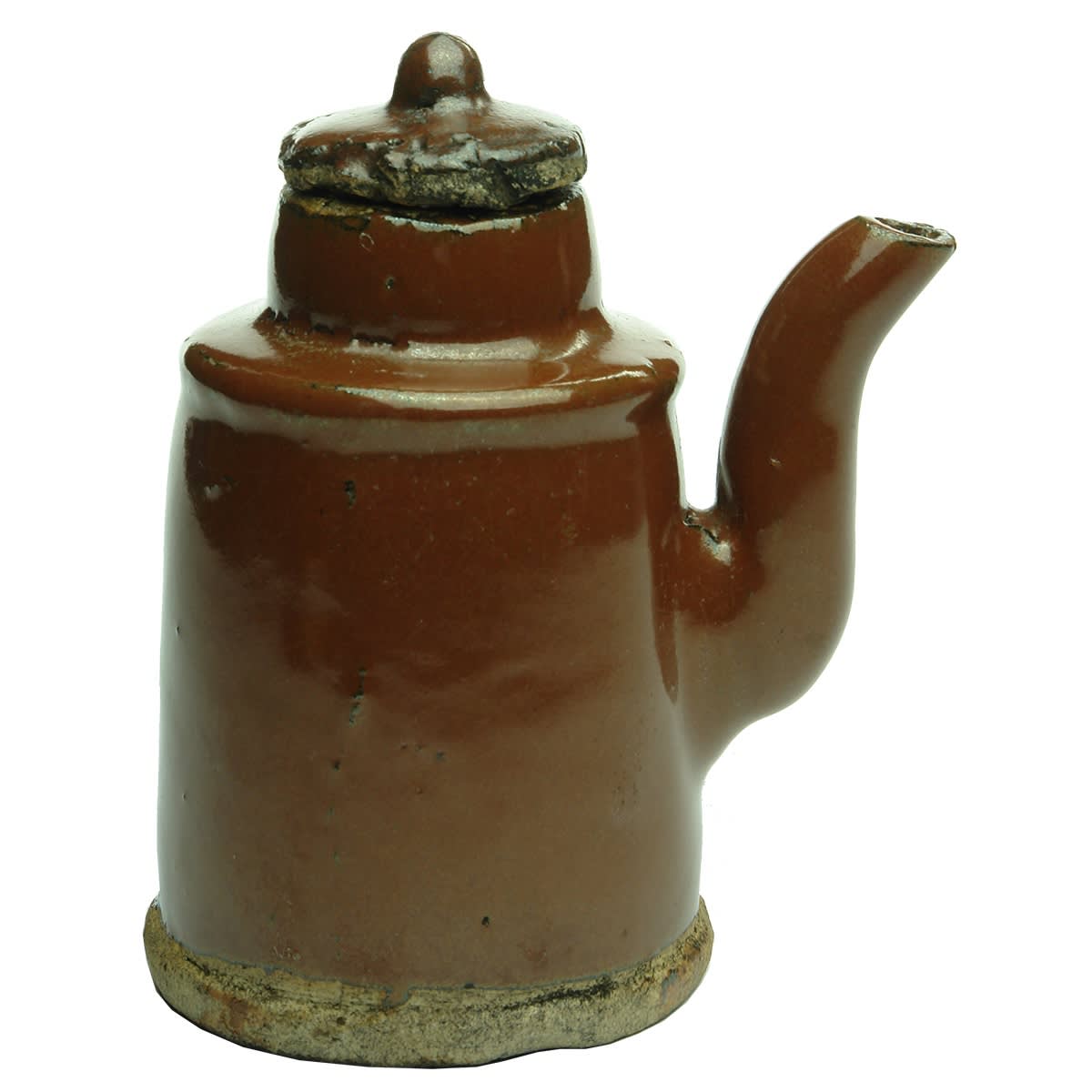 Chinese. Chocolate Coloured Chinese Teapot with Lid. No handle. Characters to Base. 102 mm. (China)