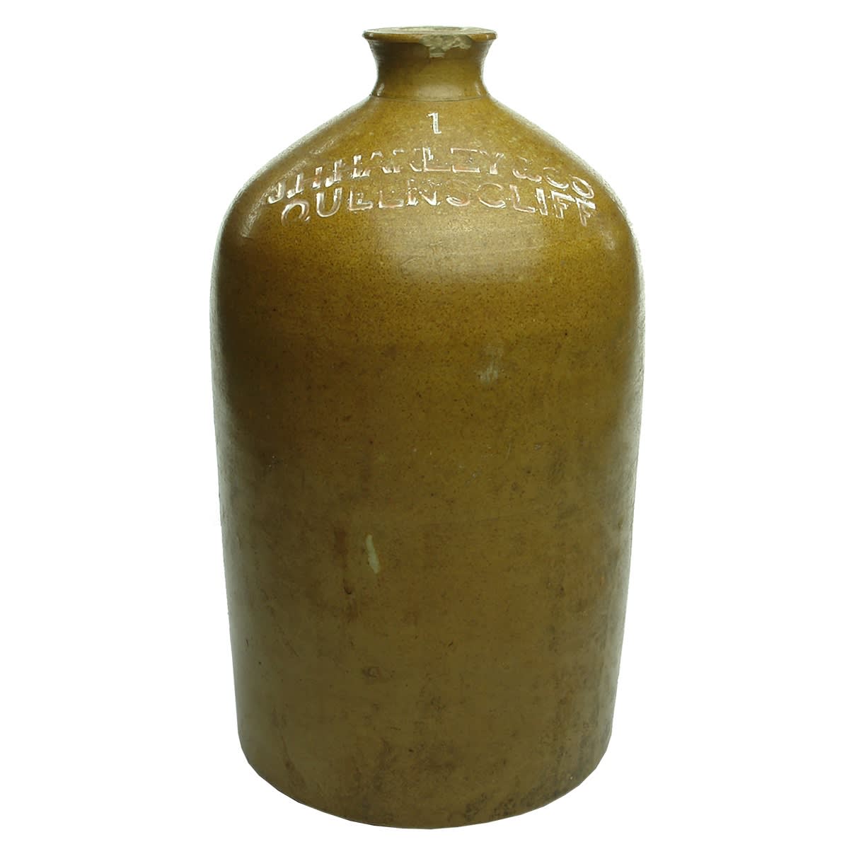 Demijohn. J. H. Hanley & Co., Queenscliff. One Gallon. Misspelling of J. H. Henley on the Demijohn. Salt Glaze. Impressed. (Victoria)
