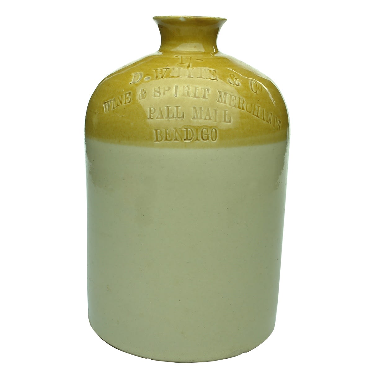 Demijohn. D. Whyte & Co., Pall Mall, Bendigo, 1/-. Impressed. Tan Top. 1/2 Gallon. (Victoria)