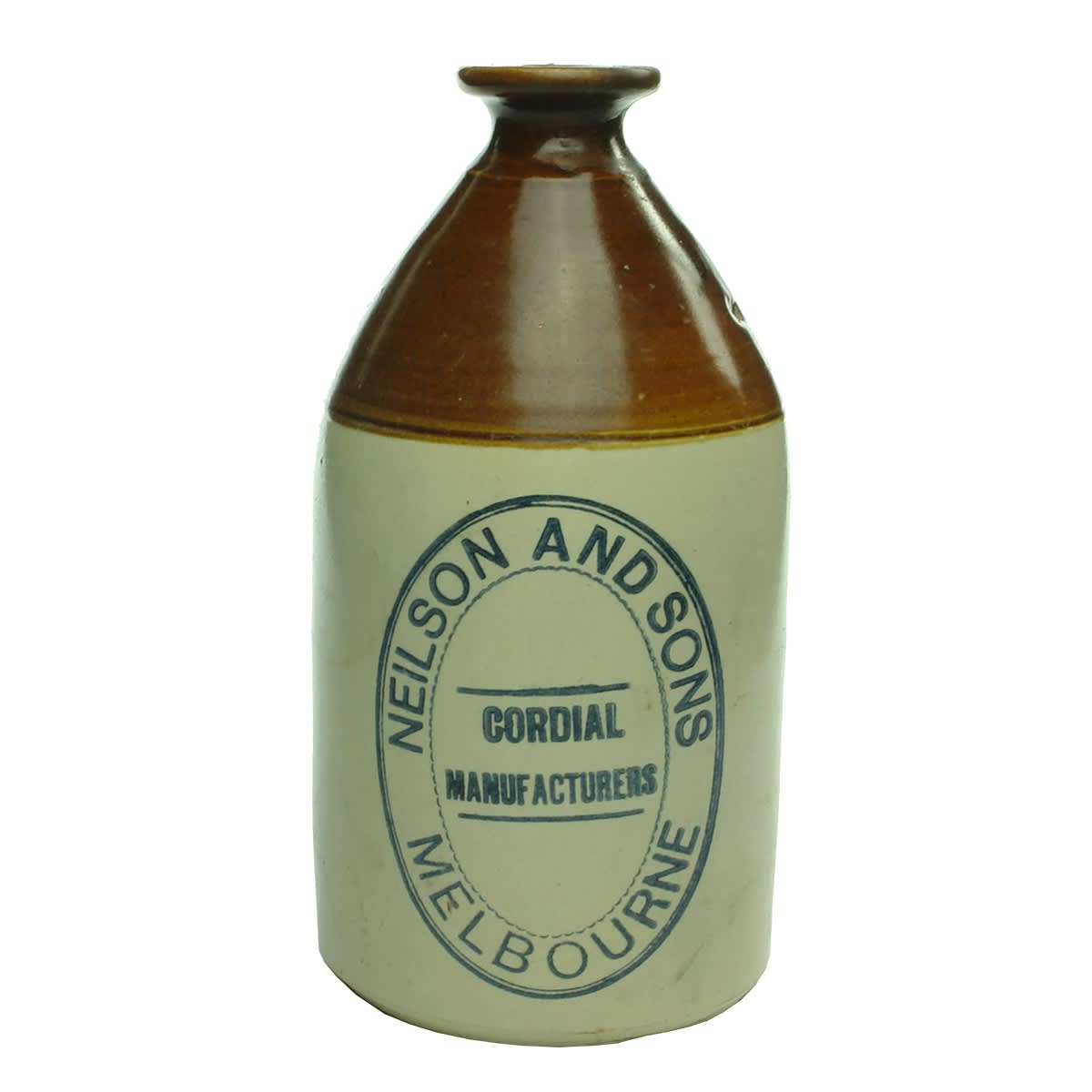 Demijohn. Neilson and Sons, Melbourne. Printed. Sloping Shoulder. Brown Top. (Victoria)