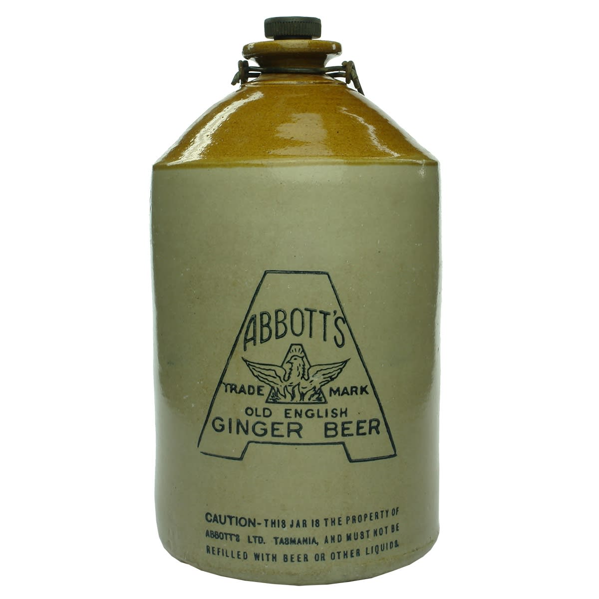 Demijohn. Abbott's Tasmania. Phoenix. Ginger Beer. Internal Thread. Tan Top. 1 Gallon. Bendigo Pottery. (Tasmania)