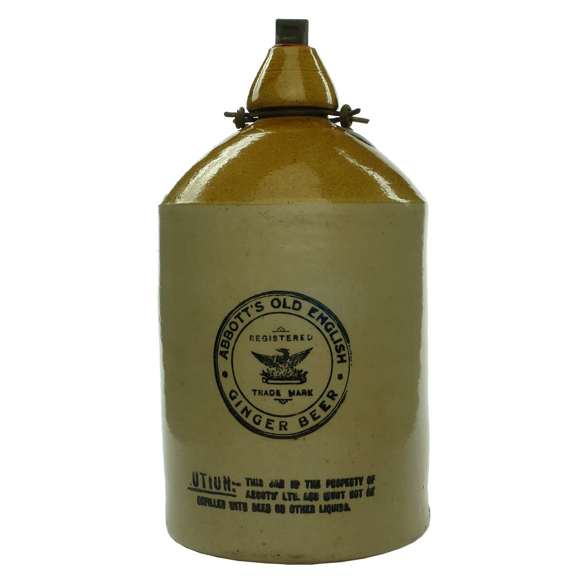 Demijohn. Abbott's Old English Ginger Beer. Tan Top. 1 Gallon. (Tasmania)