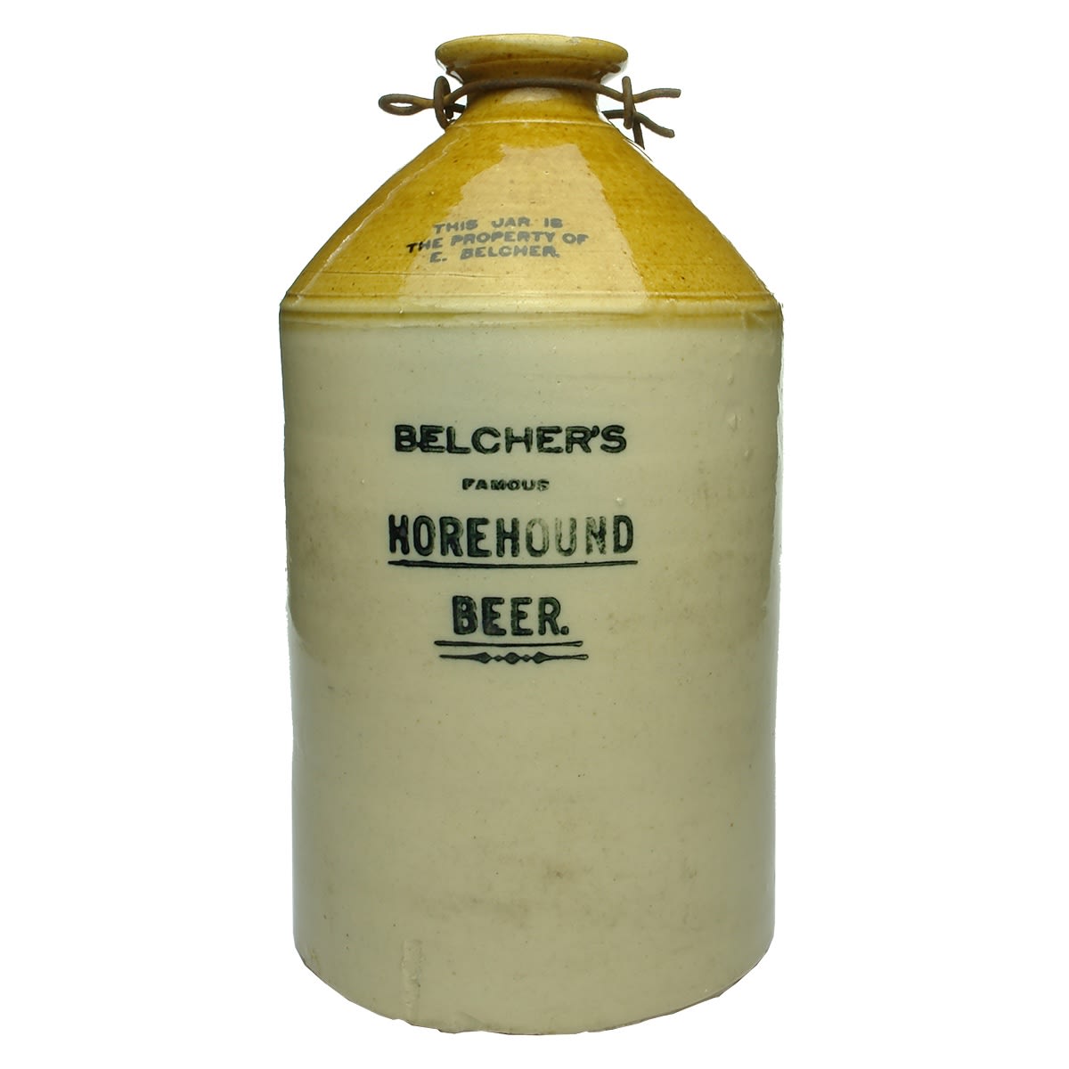 Demijohn. Belcher's Famous Horehound Beer. E. Belcher. Tan top. Internal Thread. One Gallon. (Brunswick, Victoria)