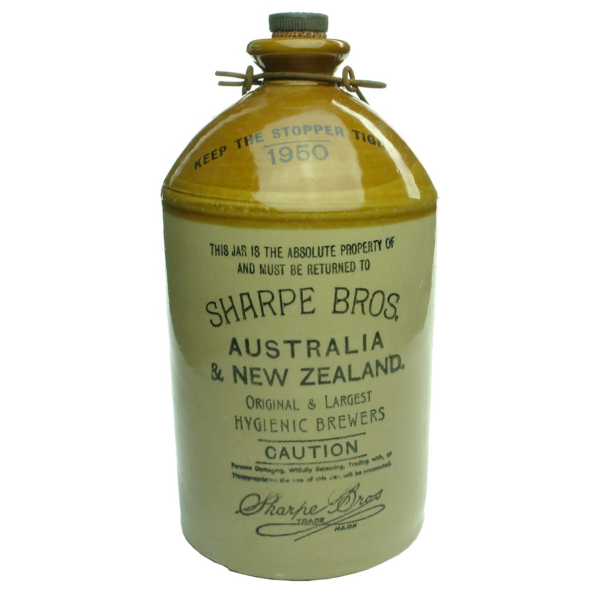 Demijohn. Sharpe Bros, Australia & New Zealand. 1950 dated. Pearsons Chesterfield pottery. Sharpe Bros Australia & New Zealand stopper.
