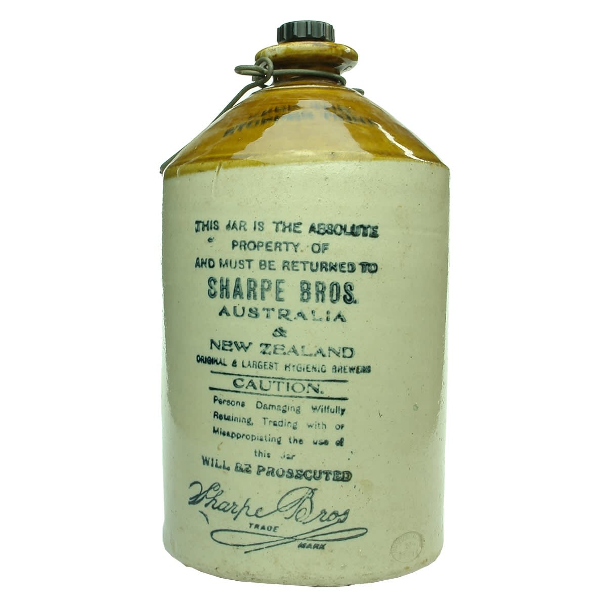 Demijohn. Sharpe Bros. Australia & New Zealand. Signature. Bendigo Pottery. Misappropriating misspelled as Misappropiating on the jar. Embossed plastic stopper. 1 Gallon.