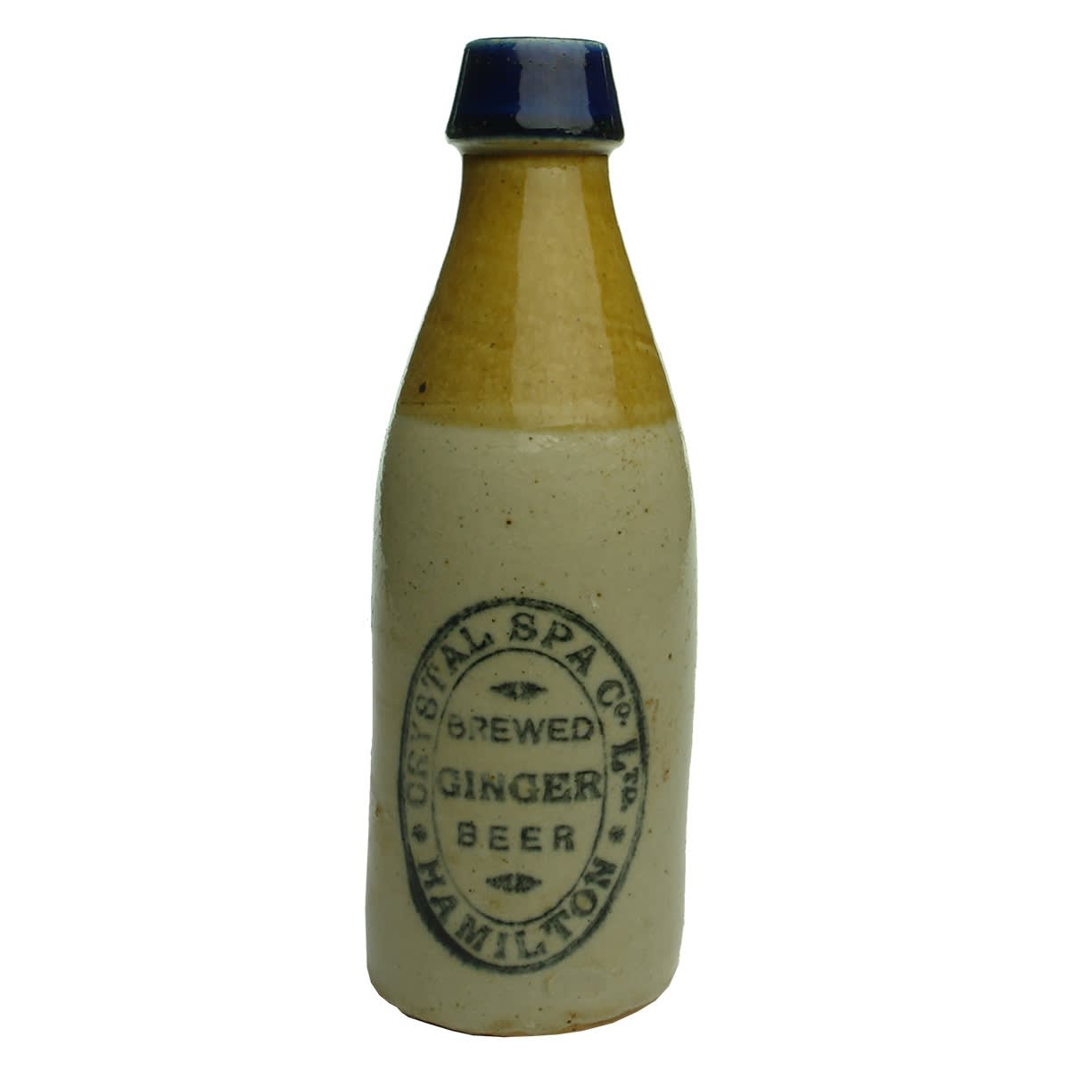 Ginger Beer. Crystal Spa Co Ltd. Hamilton. Blue top tri-colour. Bendigo Pottery. (Victoria)