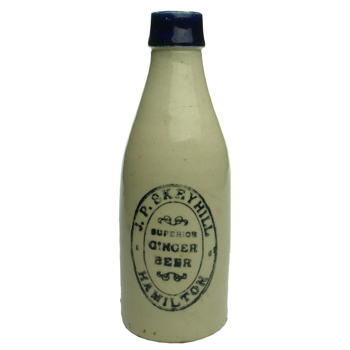 Ginger Beer. J. P. Skeyhill, Superior Ginger Beer, Hamilton. Champagne. Blue Lip. Bendigo Pottery. (Victoria)