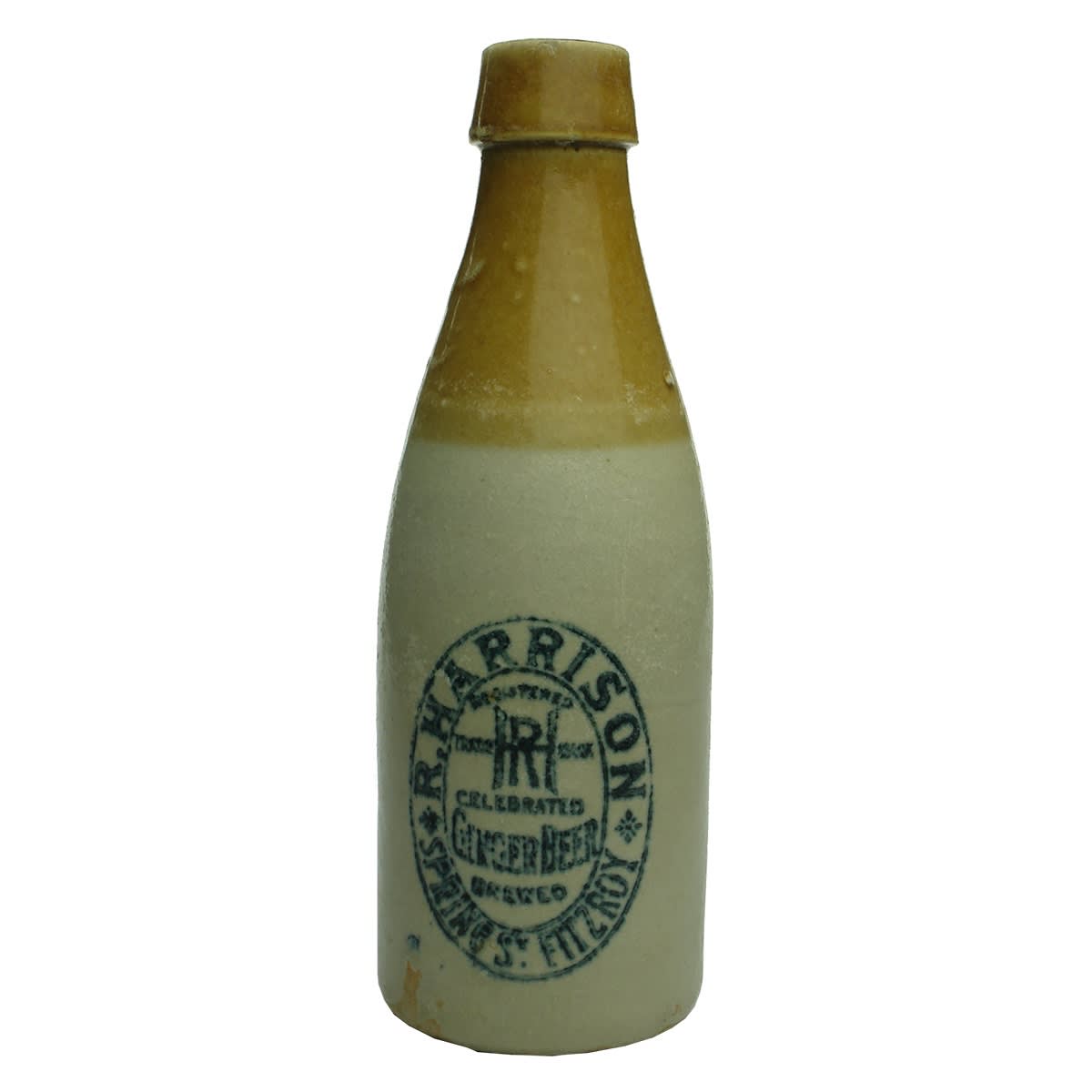 Ginger Beer. R. Harrison, Fitzroy. Bendigo Pottery Coy Ltd. Tan Top. 10 oz. (Victoria)
