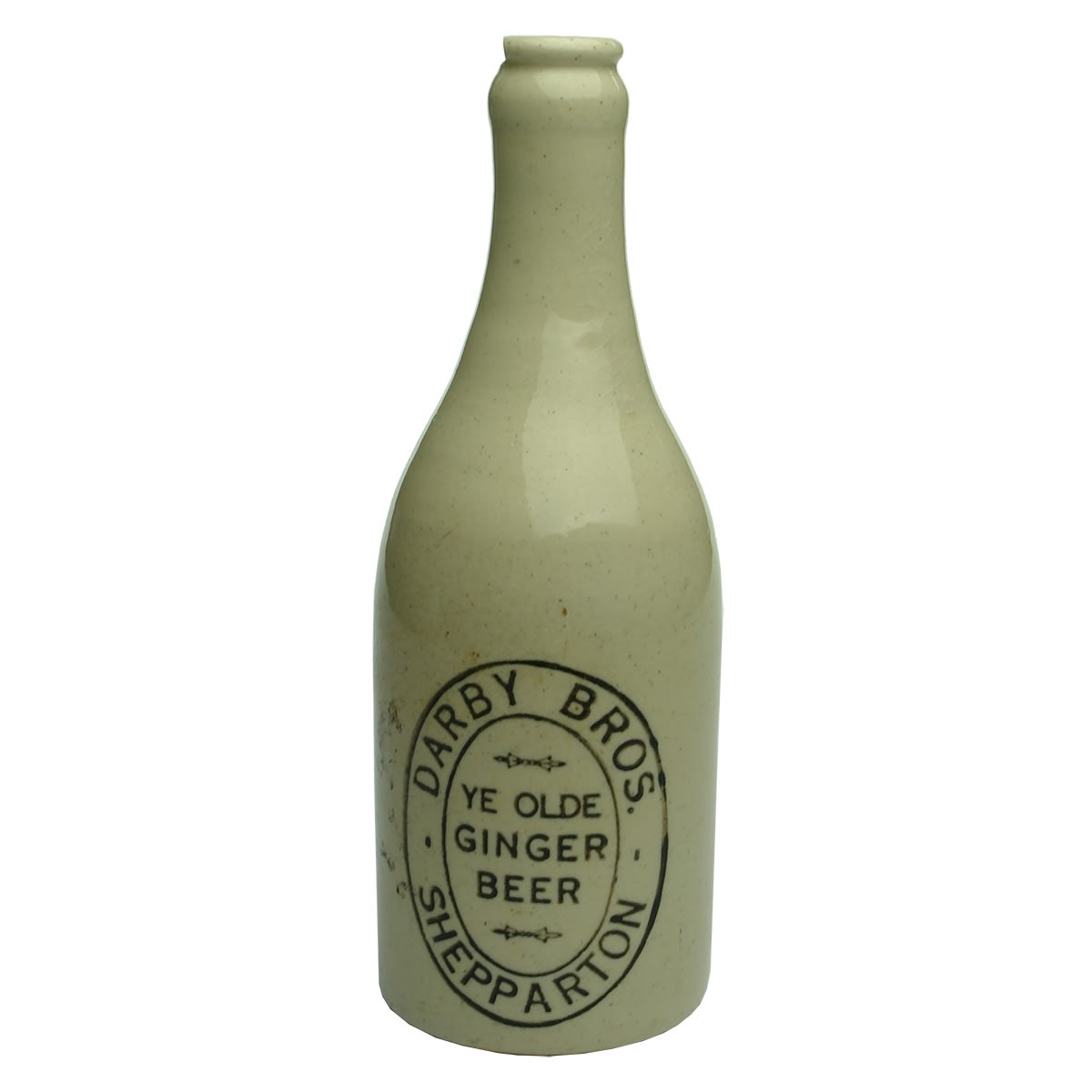 Ginger Beer. Darby Bros., Shepparton. R. Fowler Pottery. All White. (Victoria)
