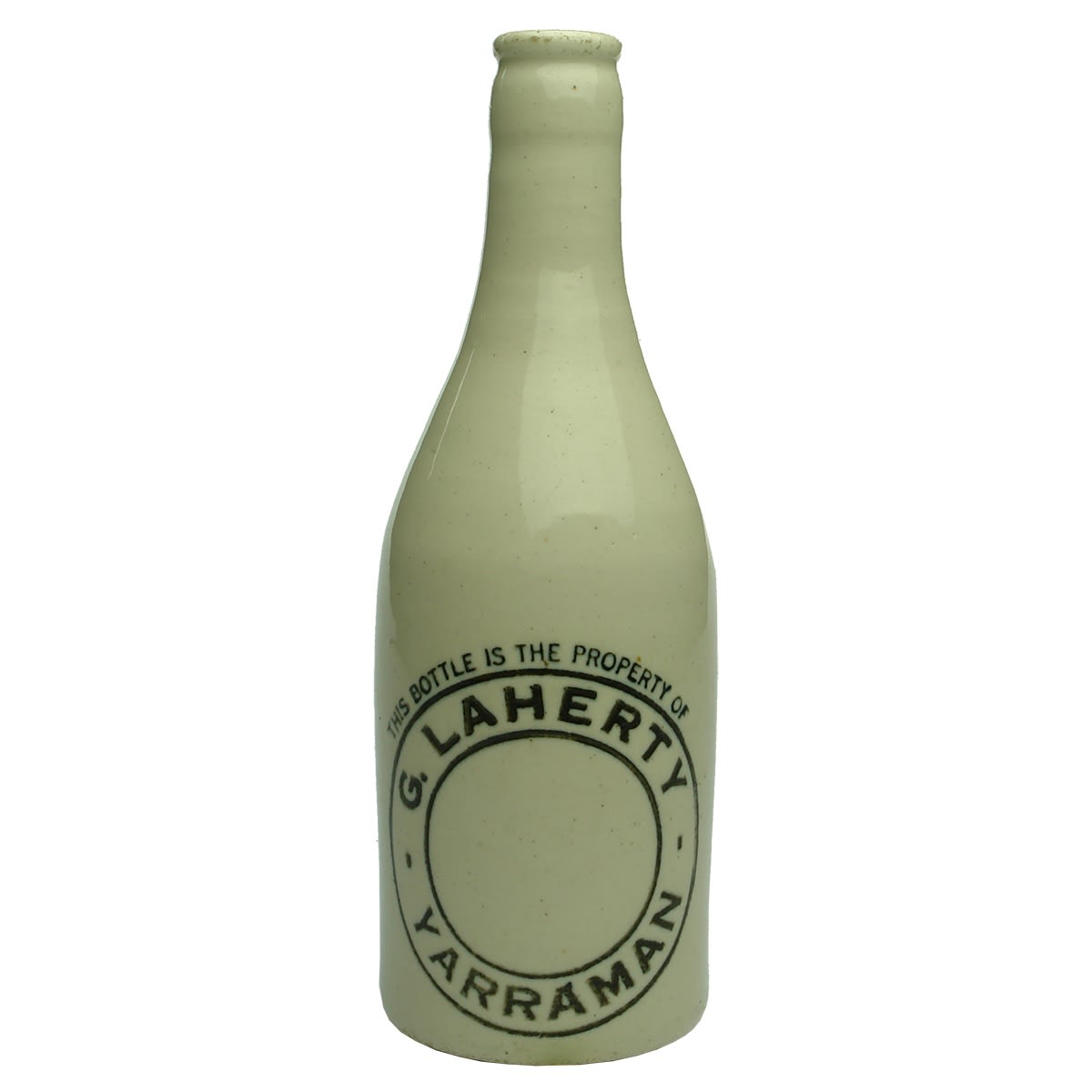 Crown Seal Ginger Beer. G. Laherty, Yarraman. Fowler Sydney pottery. All White. (Queensland)