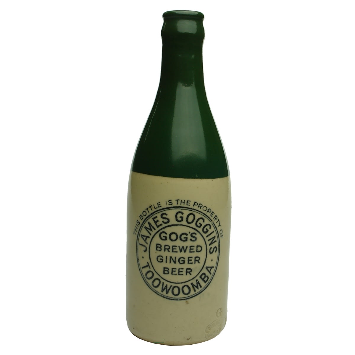 Crown Seal Ginger Beer. James Goggins, Toowoomba. Green Top. Govancroft Pottery. (Queensland)