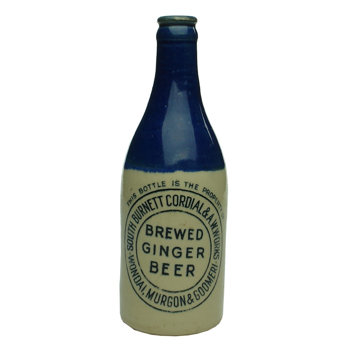 Ginger Beer. South Burnett Cordial & AW Works. Wondai, Murgon & Goomeri. Crown Seal. Blue Top. (Queensland)