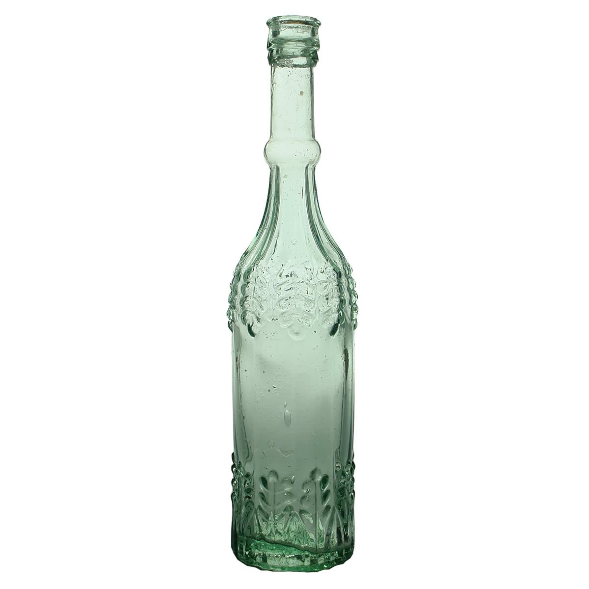 Goldfields. W. & J. Flett, Liverpool. Vinegar. Leaf bottle. Aqua. 13 oz. (United Kingdom) (This is from the late Kingsley Durdin collection)