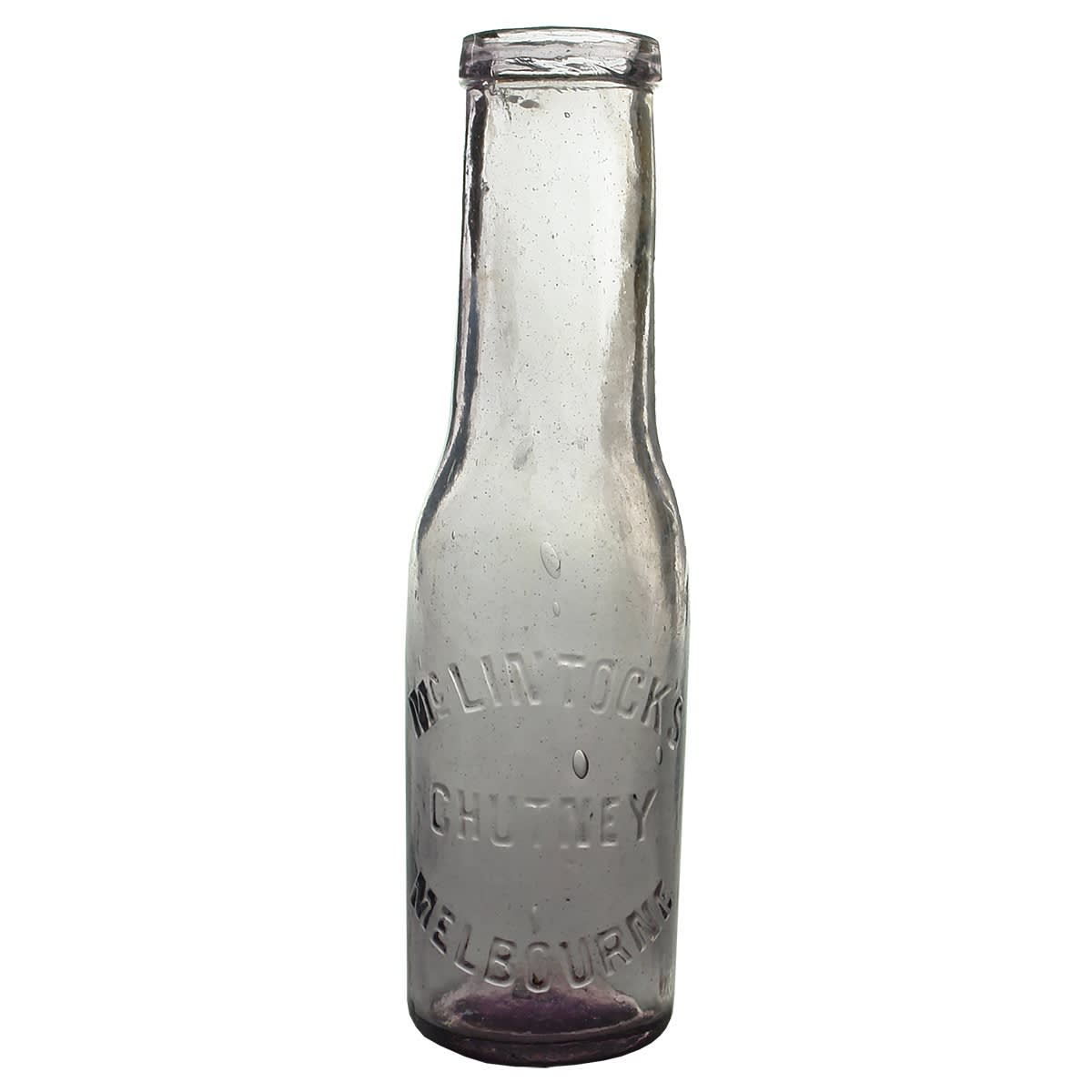 Chutney. McLintock's Chutney Melbourne. Unusual long neck. Sun Coloured Amethyst. 13 oz. (Victoria)