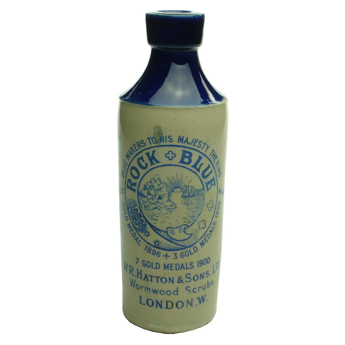 Cleaner. Rock Blue. W. R. Hatton & Sons Ltd Wormwood Scrubs. Blue Makers to His Majesty the King. Blue top stoneware bottle.