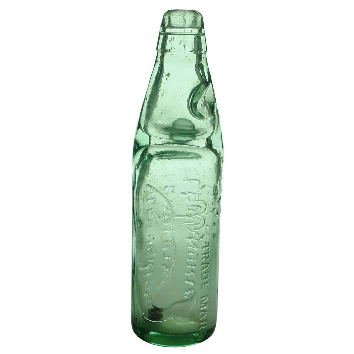 Codd. Charles Oertel's, Alexandria, Sydney. Whale spouting Torpedos. Spun top. Aqua. 10 oz. (New South Wales)