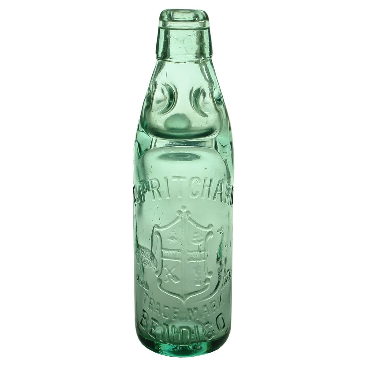 Codd. G. Pritchard, Bendigo. Coat of Arms. Dobson. Applied top. Aqua. 10 oz. (Victoria)