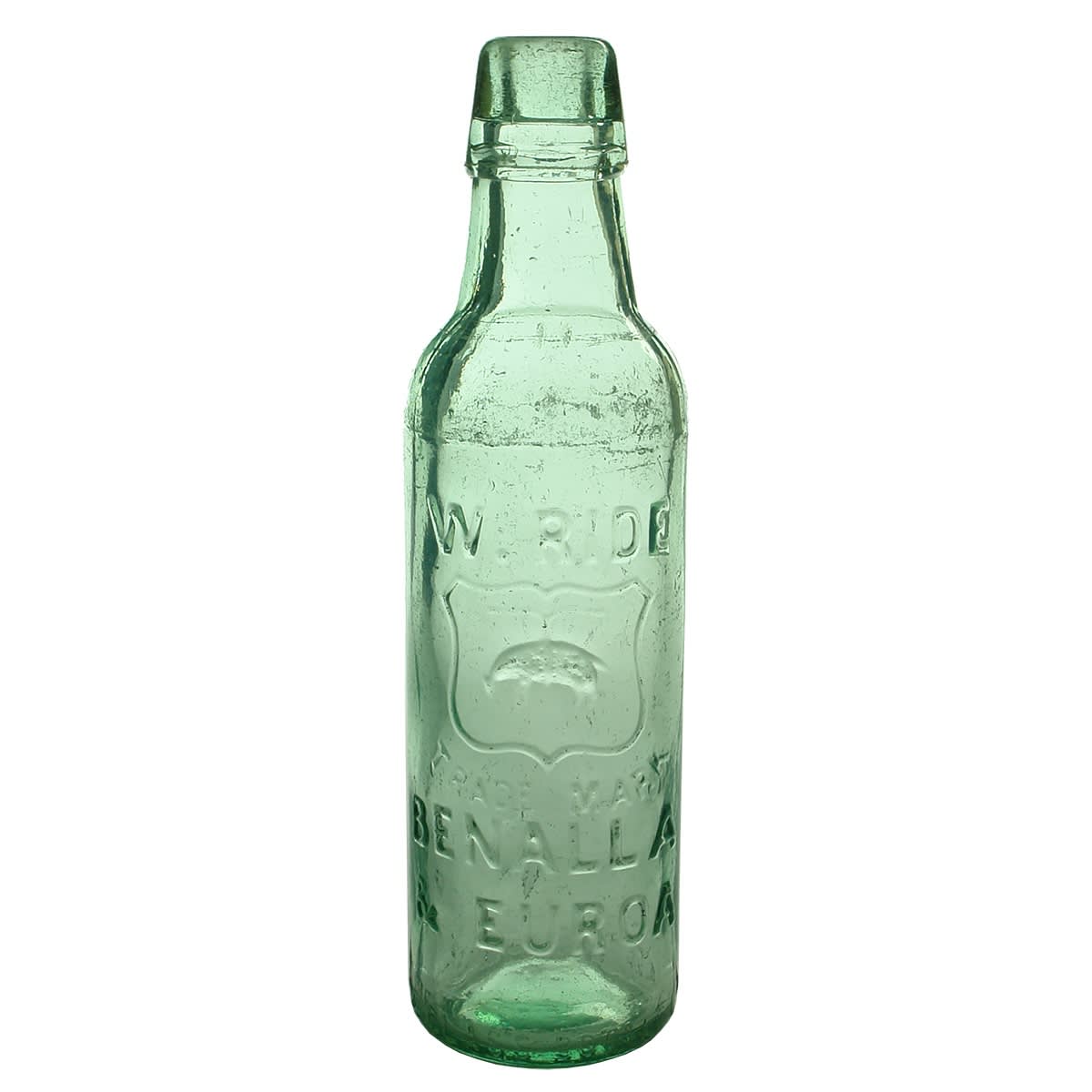 Lamont. W. Ride, Benalla & Euroa. Melbourne Glass Bottle Co. Hanging Sheep - Golden Fleece. Aqua. 10 oz. (Victoria)