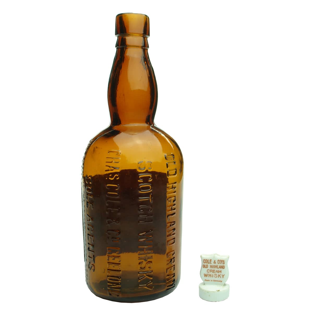 Whisky. Chas Cole, Geelong. Old Highland Cream. Original Display Stopper. Amber. 26 oz. (Victoria)