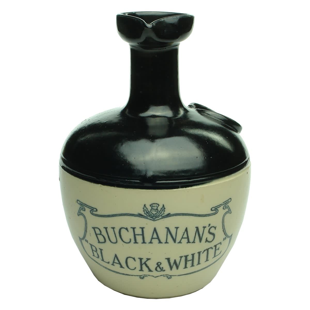 Whisky Jug. Buchanan's Black & White. Port Dundas Pottery. Black top.