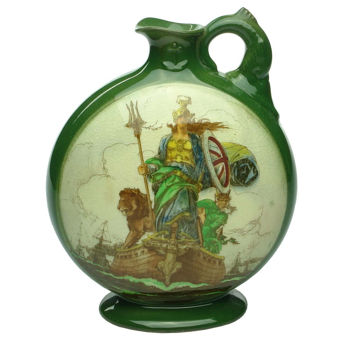 Kingsware Jug. Britannia. Dewar's Whisky. Green background. Royal Doulton.