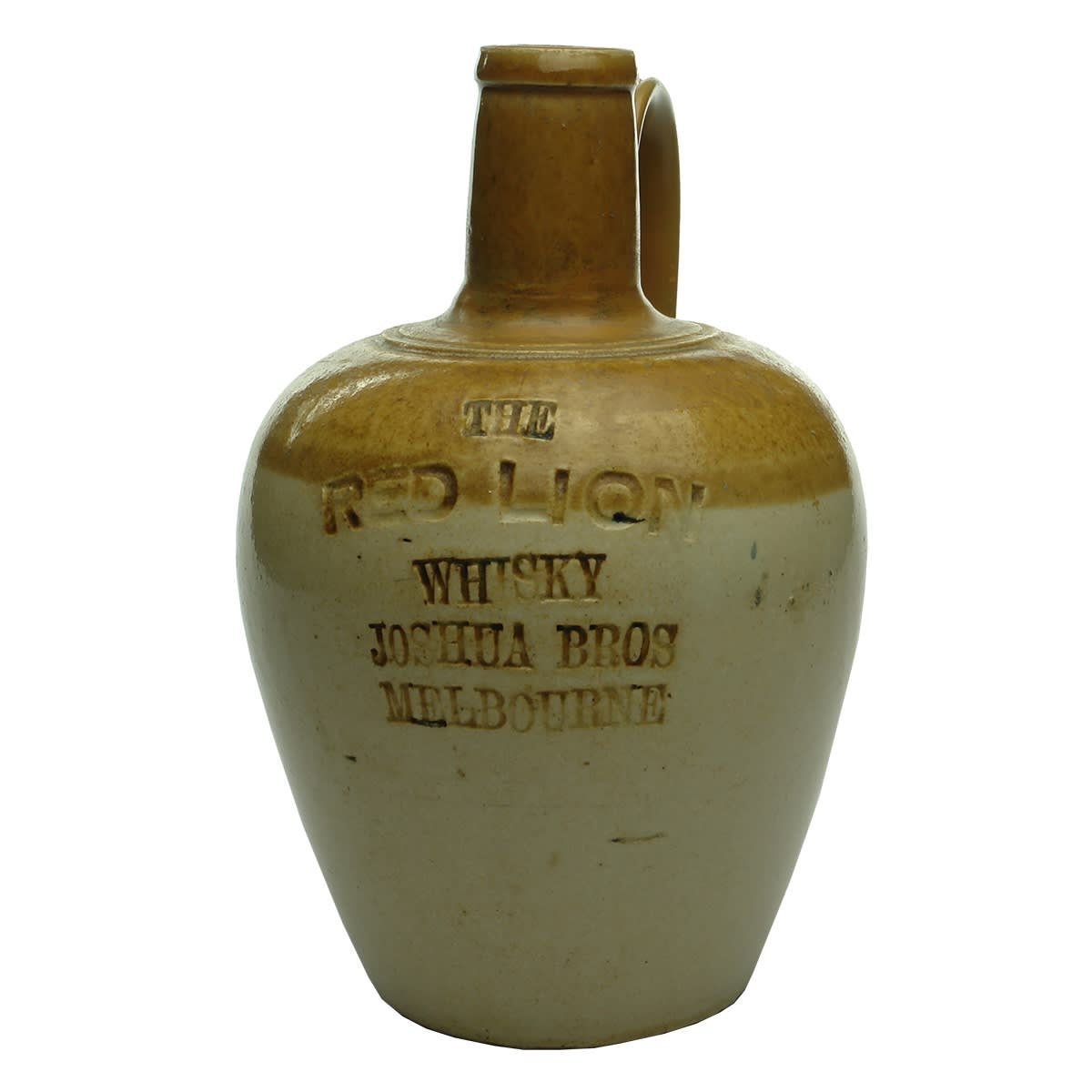 Whisky Jug. The Red Lion Whisky. Joshua Bros., Melbourne. Round type. Quart. (Victoria)