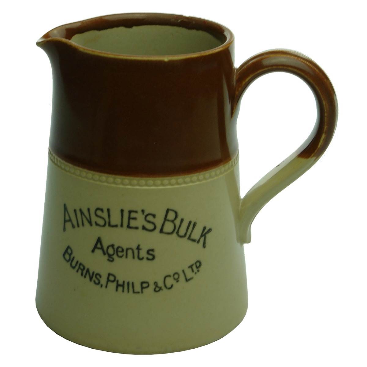 Whisky advertising Water Jug. Ainslie's Bulk, Agents Burns, Philp & Co Ltd. (Queensland & New South Wales)