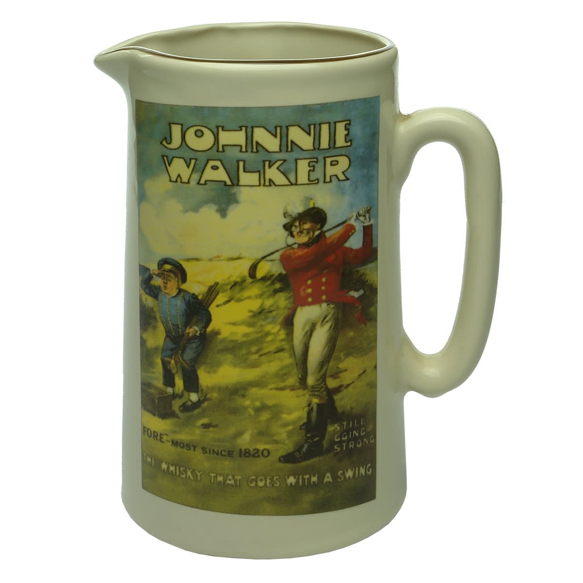Spirits. Johnnie Walker, The Whisky That Goes With a Swing. Goldprint Fine Derbyshire Pottery. Water Jug.