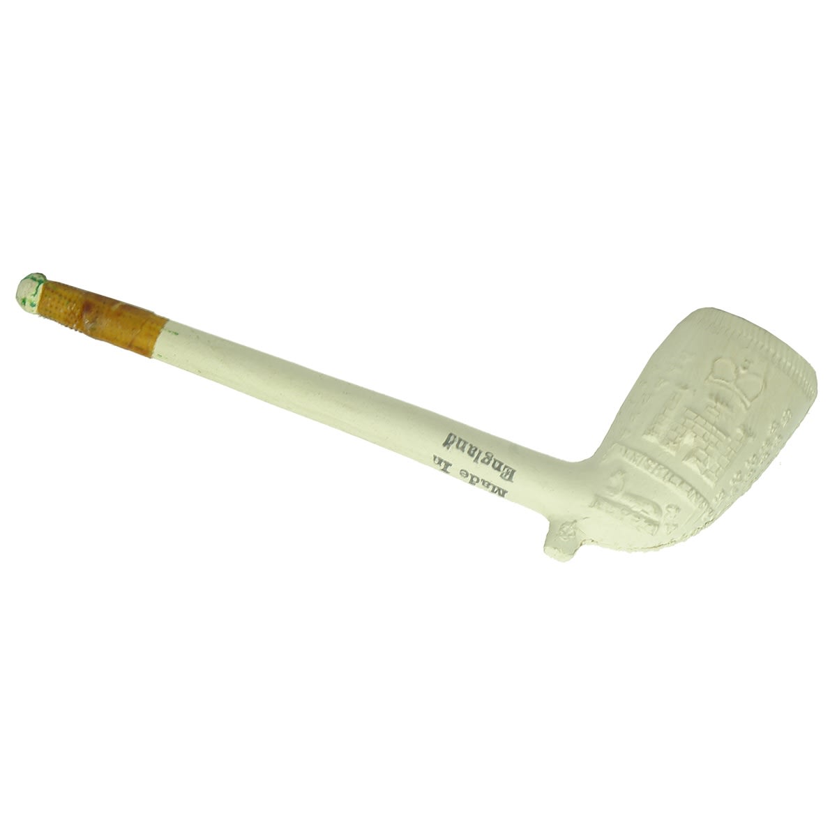 Clay Pipe. Derry Castle. Inniskillen. Egypt. Heavily adorned with castle etc. made in England printed on stem.