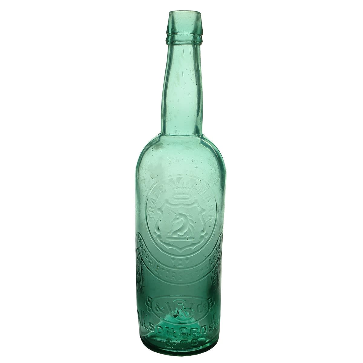 Wine/Whisky. Wilson Crosbie & Co. Crown & Unicorn. Darker Aqua. 26 oz. (Melbourne, Victoria)