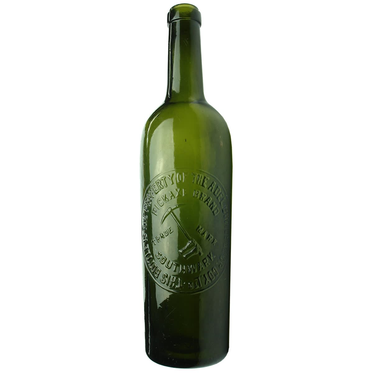 Wine. Pickaxe Brand. Adelaide Bottle Co-operatve Co. Southwark. Claret shape. Dark Green. 26 oz. (South Australia)