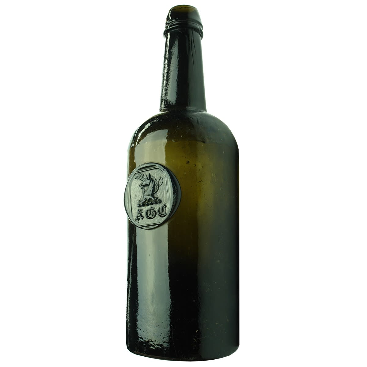 Black Glass Seal. Horses Head with part of a wreath or similar. Three letters: AGT? Patent faintly embossed on shoulder. H. Ricketts & Co Glass works Bristol to base.