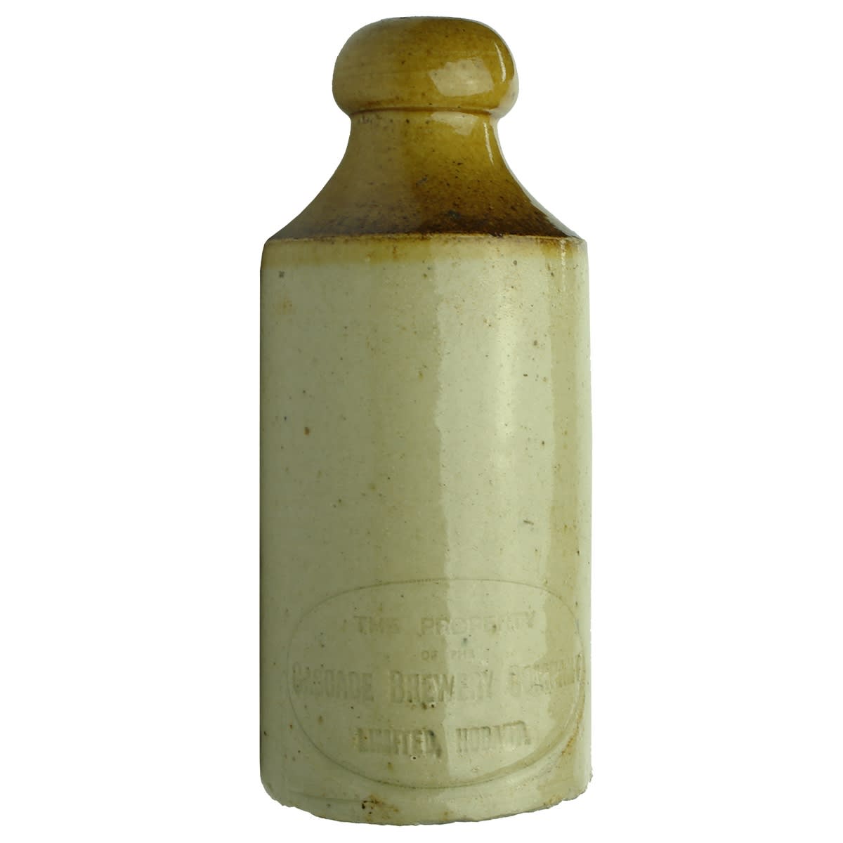 Ginger Beer. Cascade Brewery Company Limited, Hobart. Impressed. Dump. Tan Top. Campbells Pottery. Larger Size. (Tasmania)