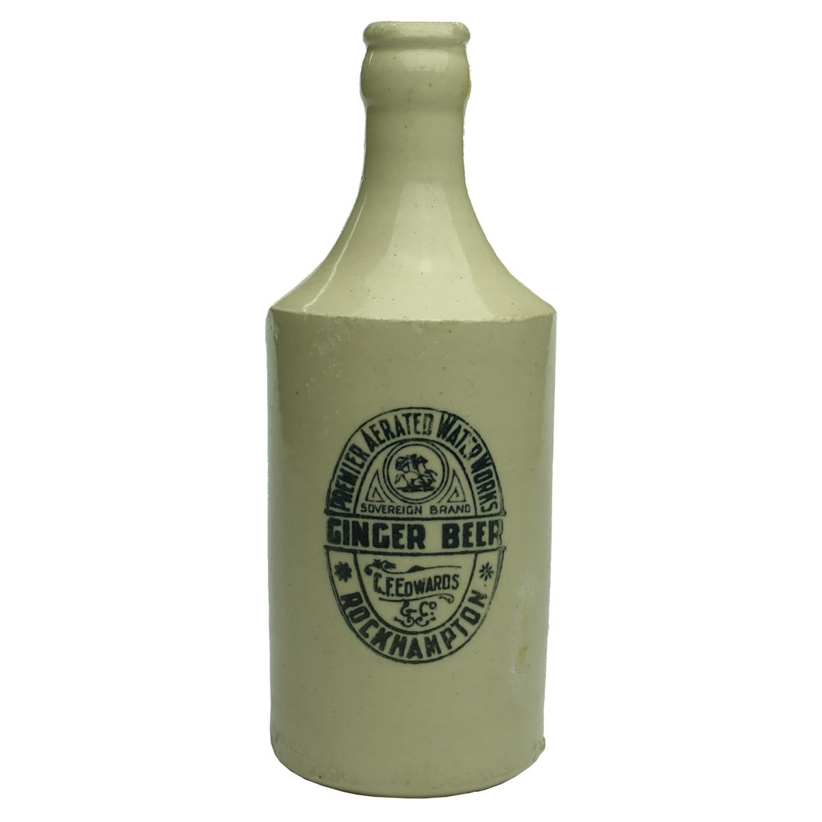 Crown Seal Ginger Beer. Premier Aerated Water Works, C. F. Edwards, Sovereign Brand, Rockhampton. Mauri Bros & Thomson stamp. (Queensland)