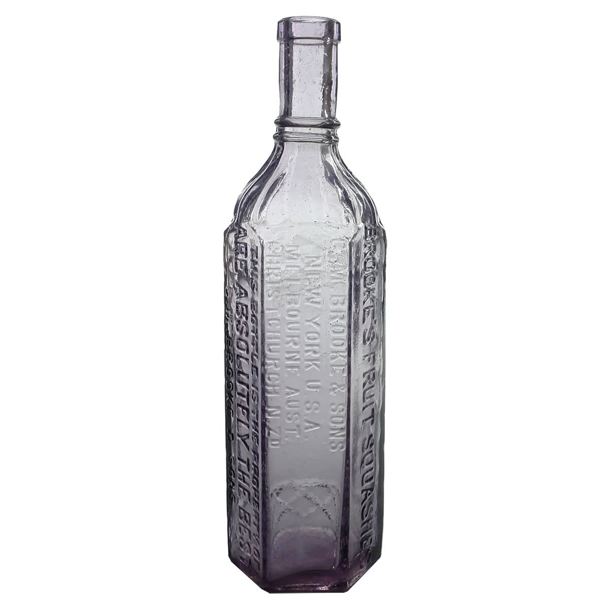 Cordial. Brooke's Fruit Squashes. C. M. Brooke & Sons. New York Melbourne Christchurch. Amethyst. 26 oz. Straight sided variety.