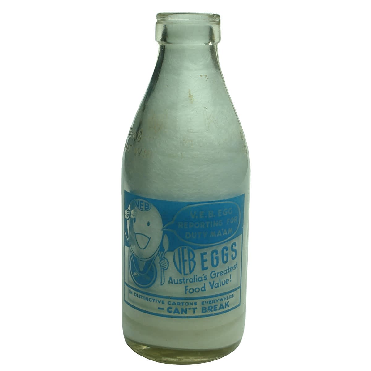 Milk. Advertising VEB Eggs. Talking Egg! Milk Bottles Recovery. Light Blue Ceramic Label. Pint. (Victoria)
