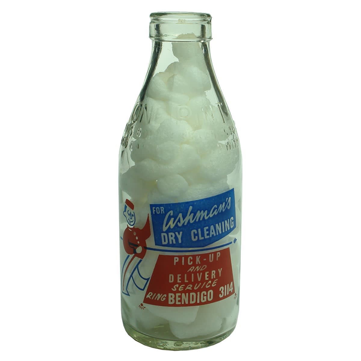 Ceramic Label Advertising Milk. Ashman's Dry Cleaning Bendigo. Sandhurst Dairies. Pint. (Victoria)