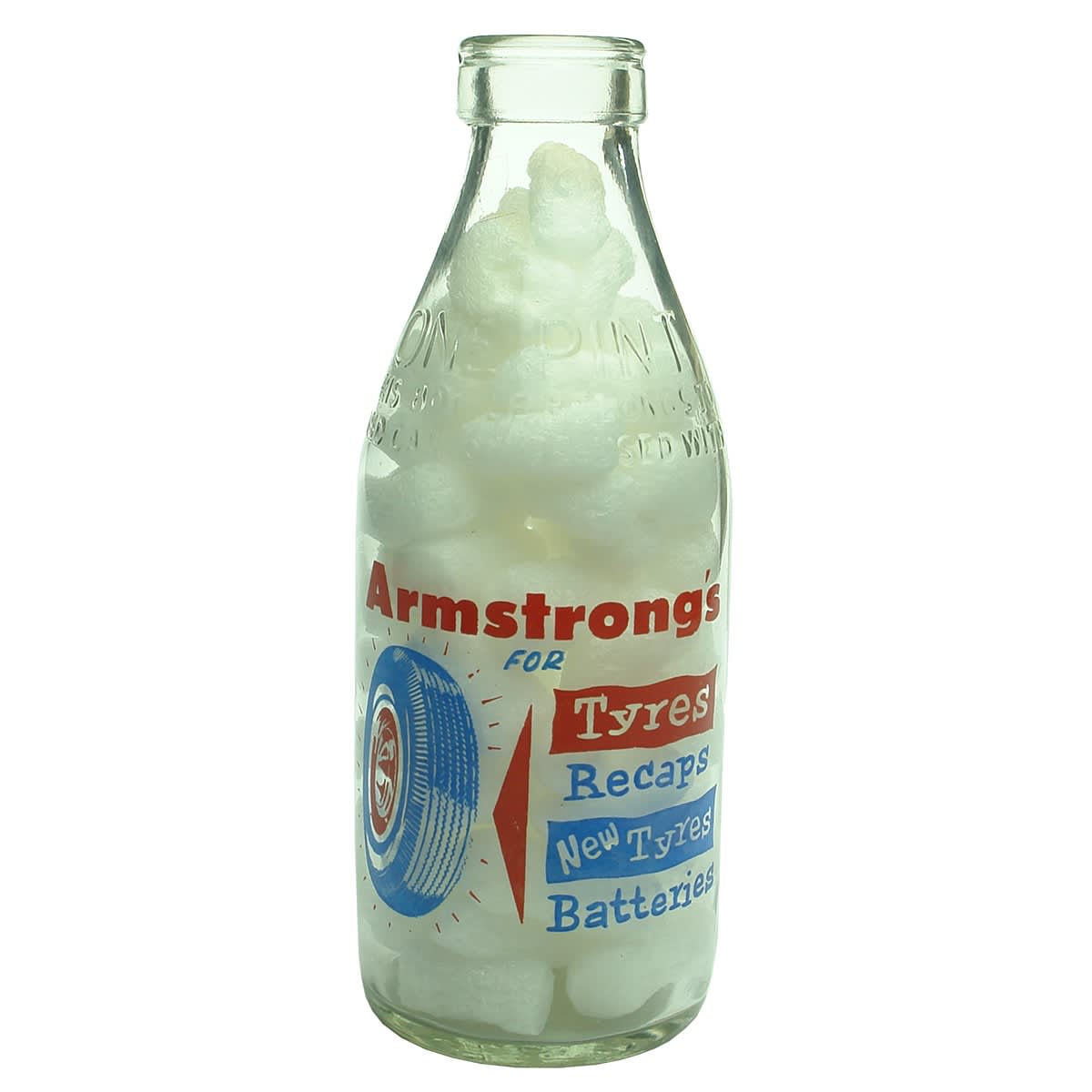 Ceramic Label Advertising Milk. Armstrong's for Tyres, Recaps, New Tyres, Batteries. Sandhurst Dairies. Pint. (Victoria)
