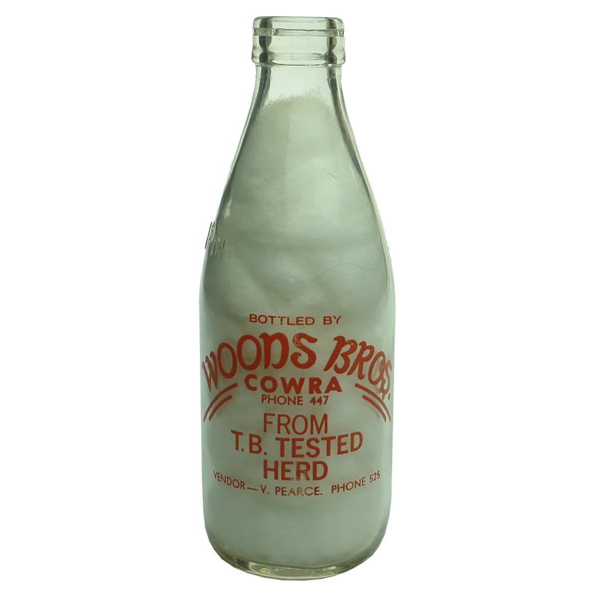 Ceramic Label Milk. Woods Bros Cowra. Vendor - V. Pearce. Red Print. Pint. (New South Wales)