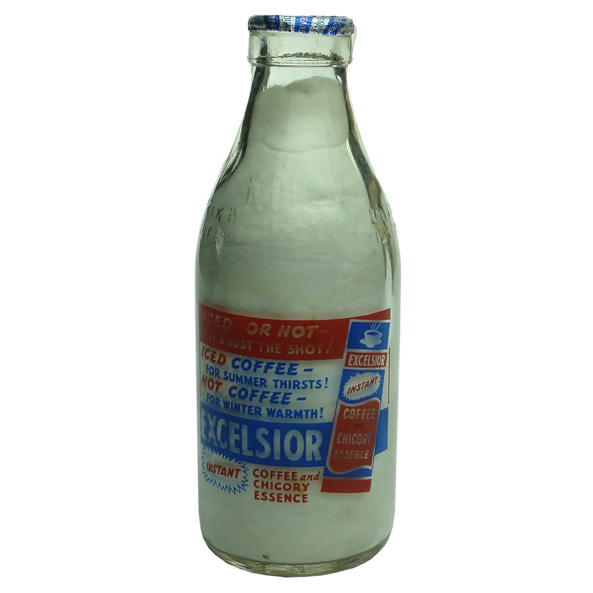 Ceramic Label Advertising Milk. Excelsior Coffee and Chicory Essence. Instant. Iced Coffee. Hot Coffee. Milk Bottles Recovery Ltd. Pint. (Victoria)