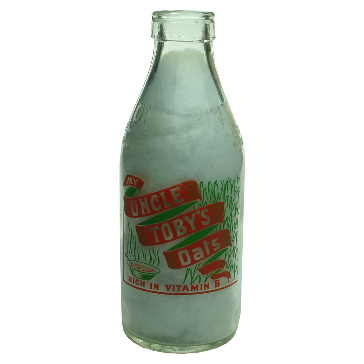 Ceramic Label Advertising Milk: Uncle Toby's Oats. Milk Bottles Recovery Ltd. Pint. (Victoria)