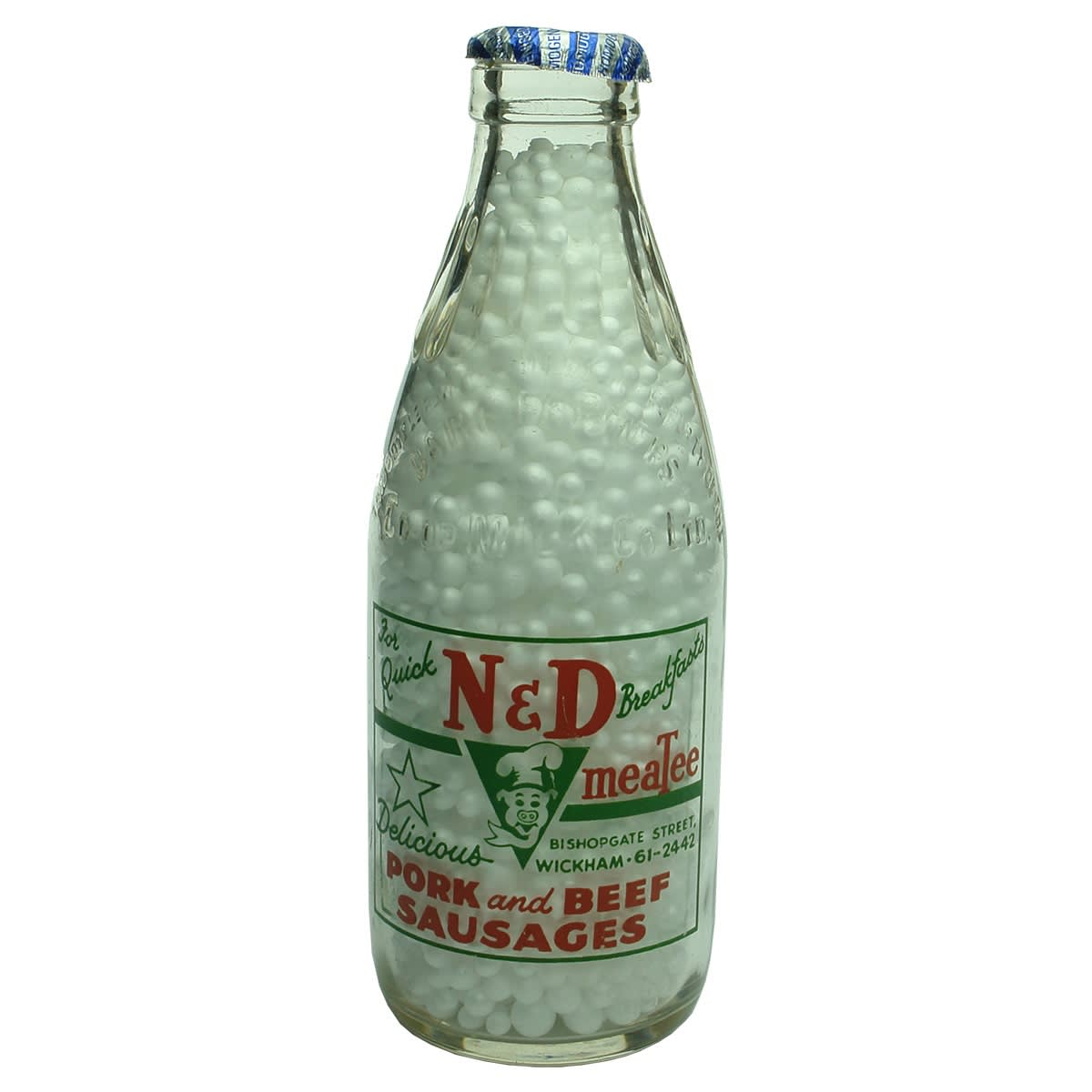 Ceramic label advertising Milk. N&D Breakfast, meaTee Pork and Beef Sausages, Wickham. Dairy Farmers Co-op Milk Co Ltd. 1 Pint. (New South Wales)