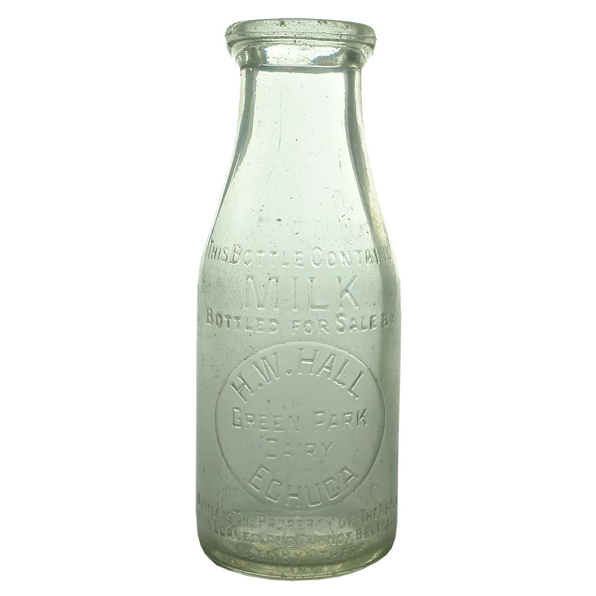 Milk. H. W. Hall, Green Park Dairy, Echuca. Base Number: 382. Pint. (Victoria)