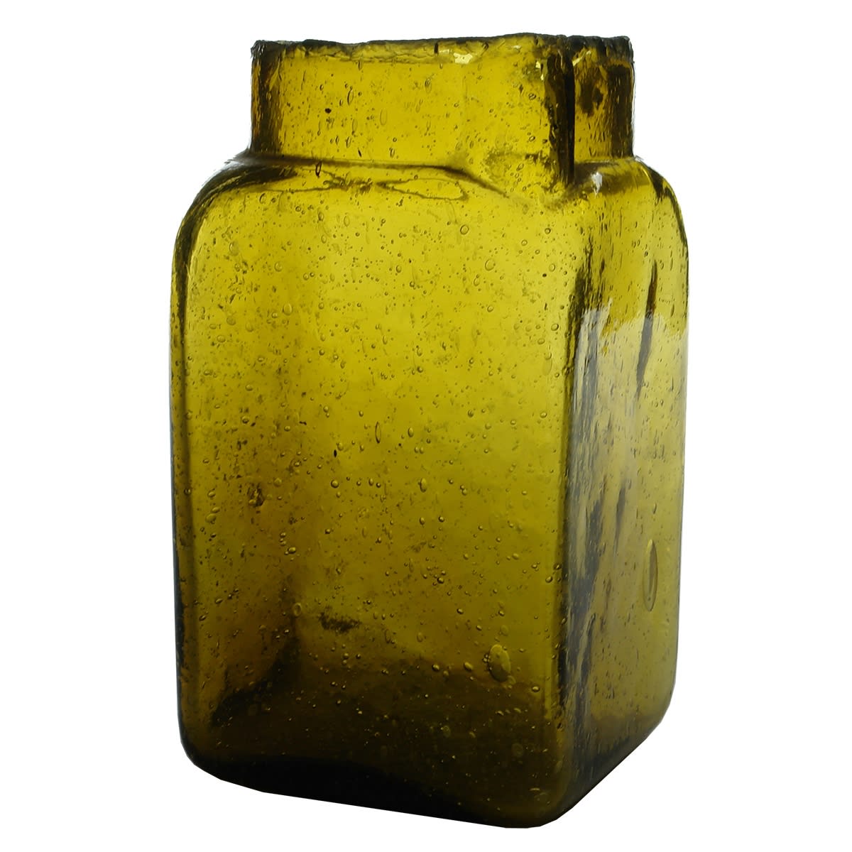 Battery Jar. Dark Honey Amber with loads of bubbles. Crude shear lip.