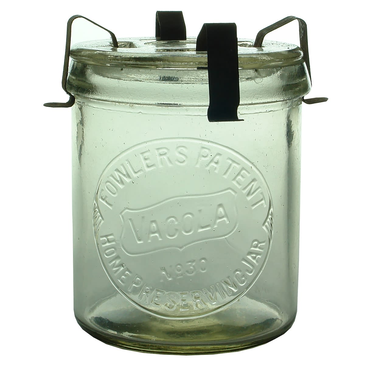 Fruit Jar. Fowlers Patent Vacola 30. With lid and clips. Clear. (Victoria)