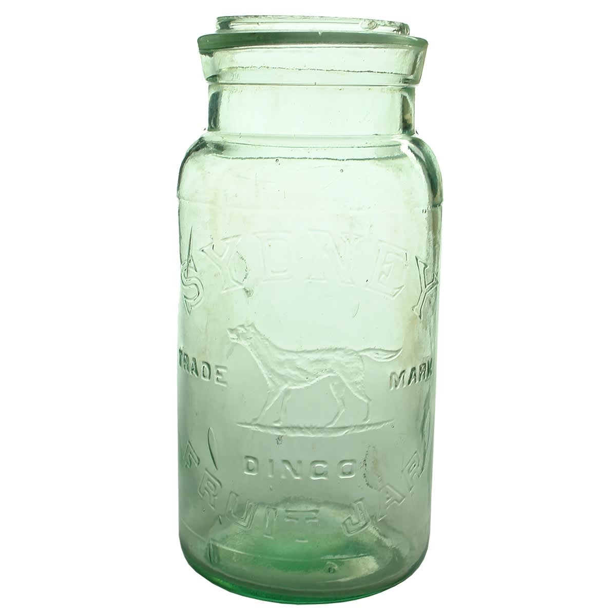Preserving Jar. Sydney, Dingo Fruit Jar. Tail out version. Aqua. Half Gallon (New South Wales)