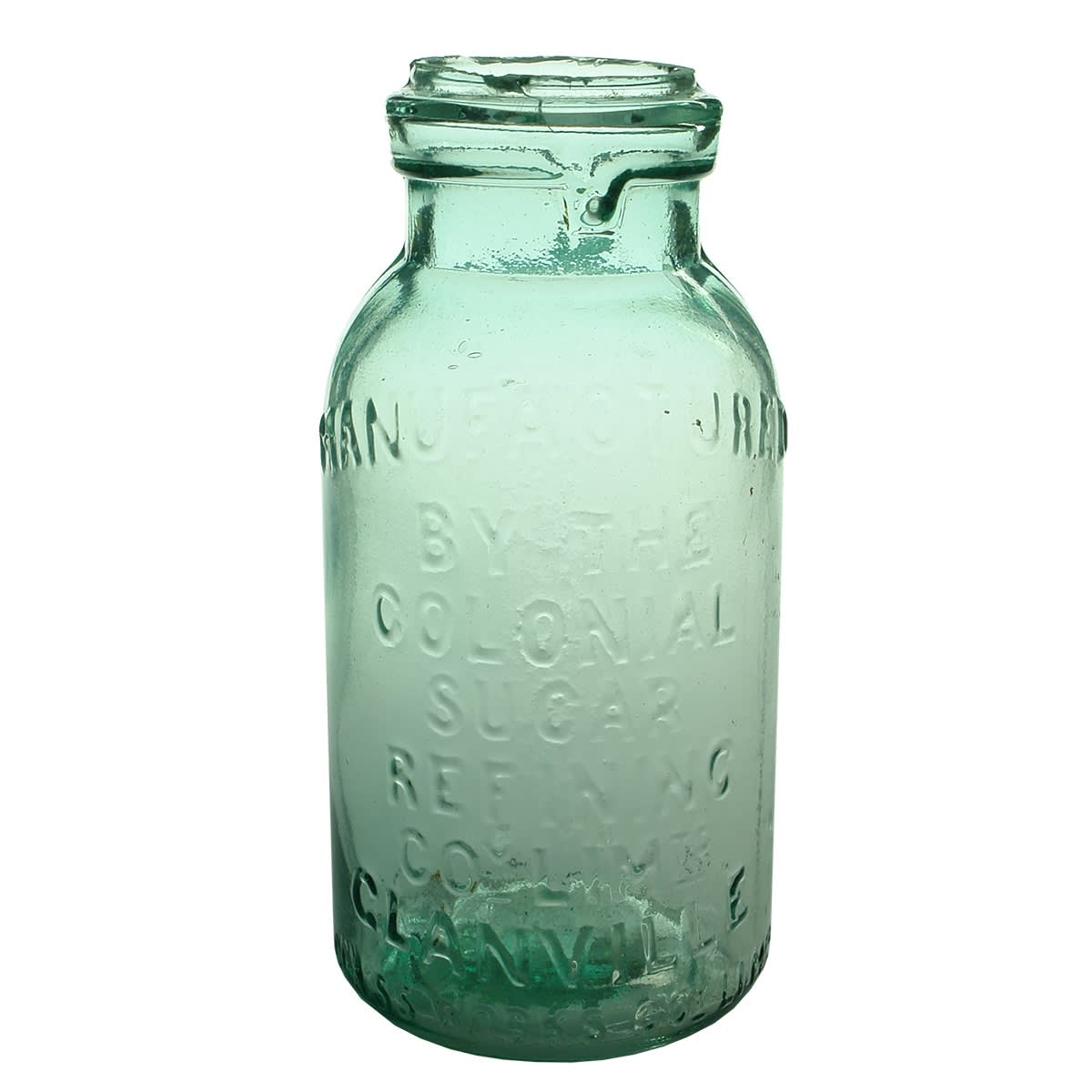 Fruit Jar. Colonial Sugar Refining Co., Glanville. Ground lip. Aqua. Quart. (South Australia)