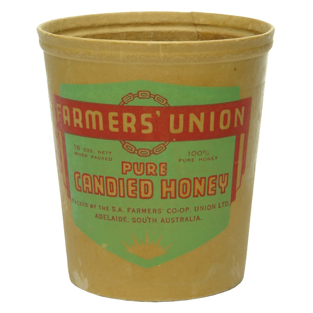 Jar. Farmers' Union Pure Candied Honey, Adelaide. 16 oz. Wax Cup. (South Australia)