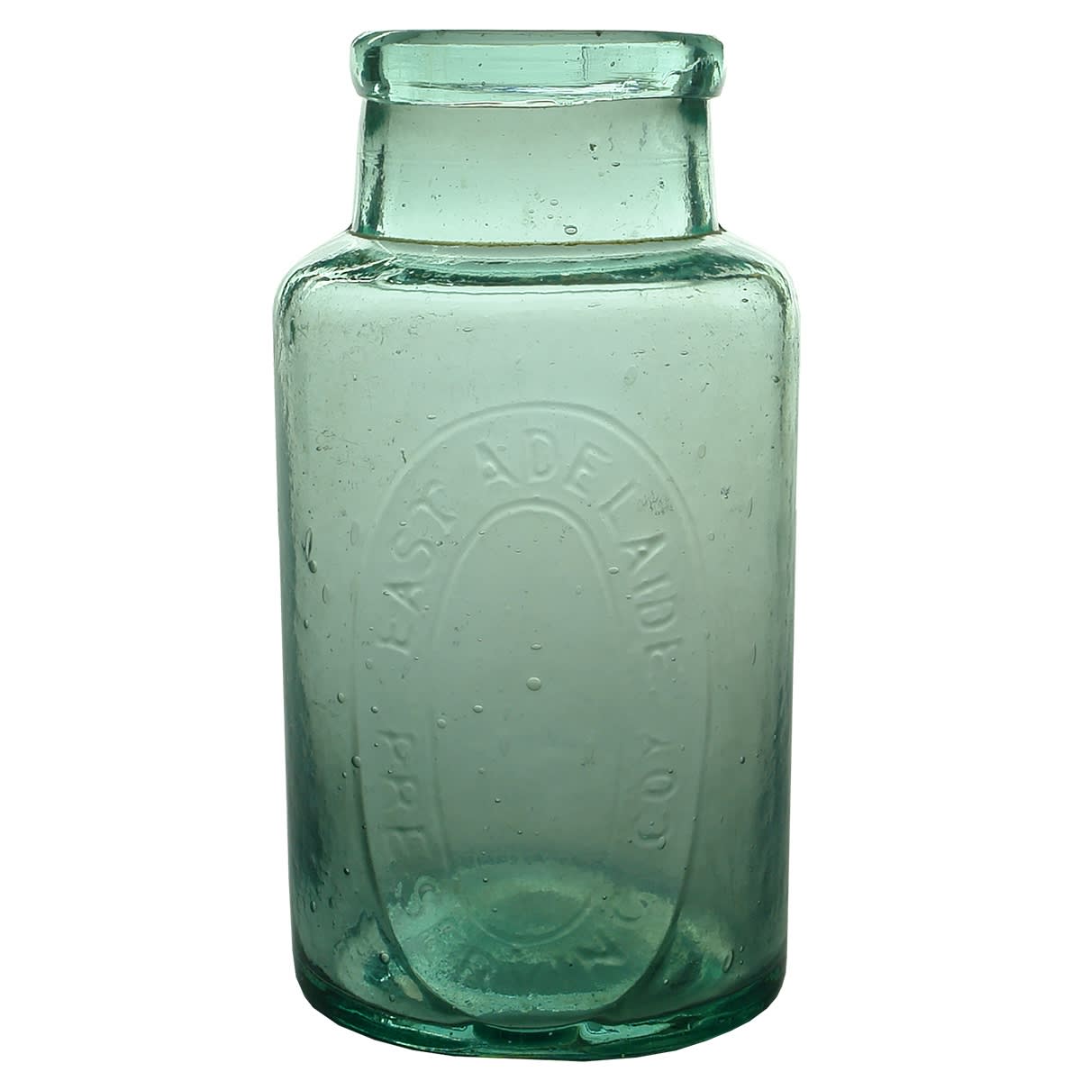 Jam Jar. East Adelaide Preserving Coy. Aqua. 2 Pound.(South Australia)
